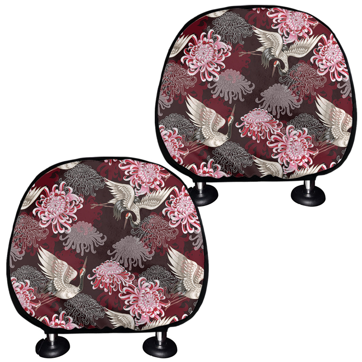 Japanese Cranes And Chrysanthemums Print Car Headrest Covers