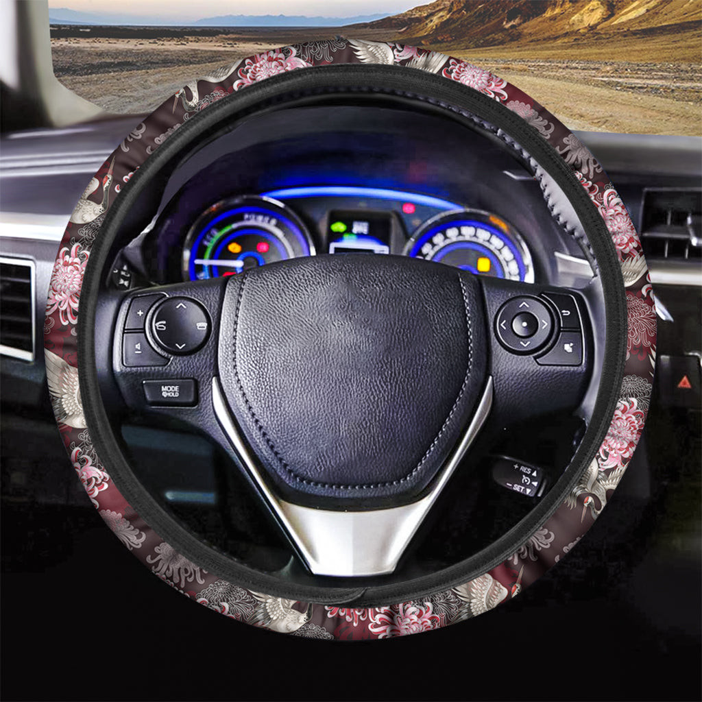 Japanese Cranes And Chrysanthemums Print Car Steering Wheel Cover