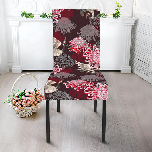 Japanese Cranes And Chrysanthemums Print Dining Chair Slipcover