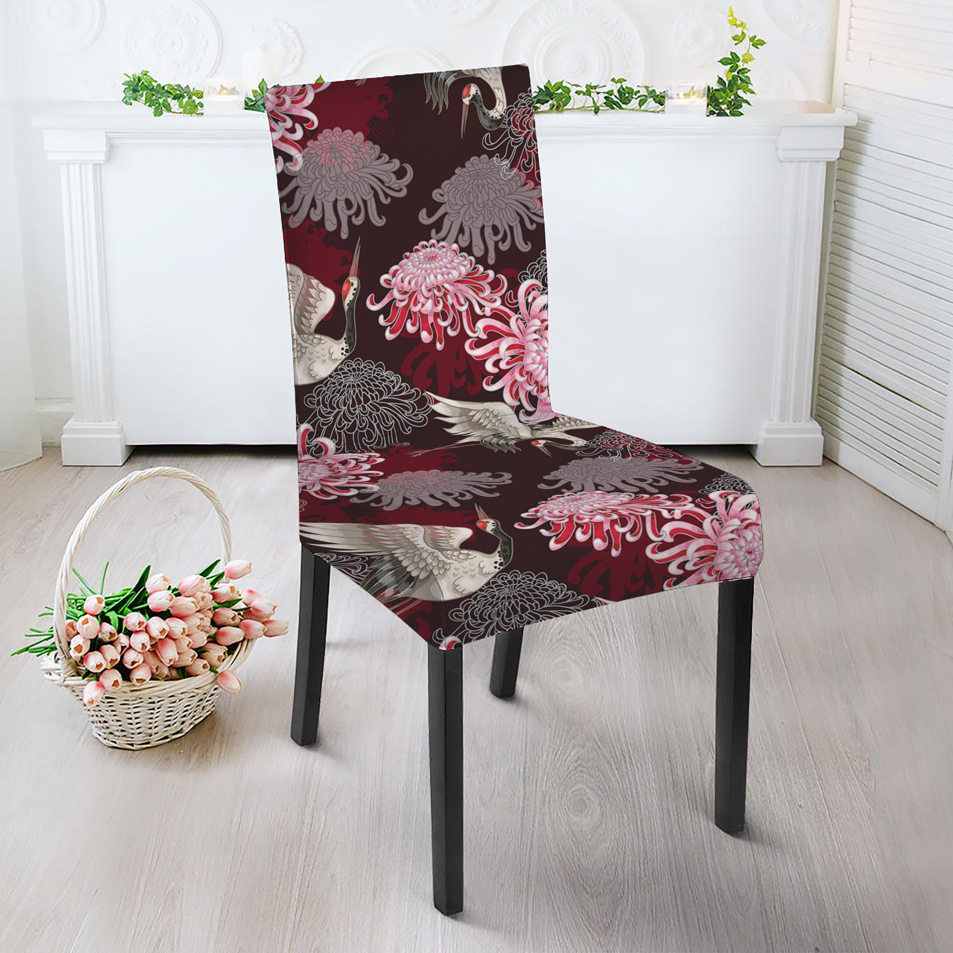 Japanese Cranes And Chrysanthemums Print Dining Chair Slipcover