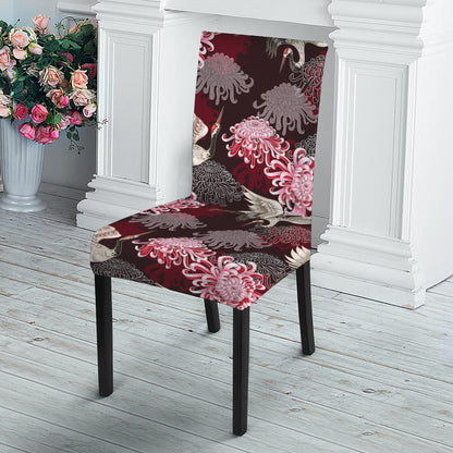 Japanese Cranes And Chrysanthemums Print Dining Chair Slipcover