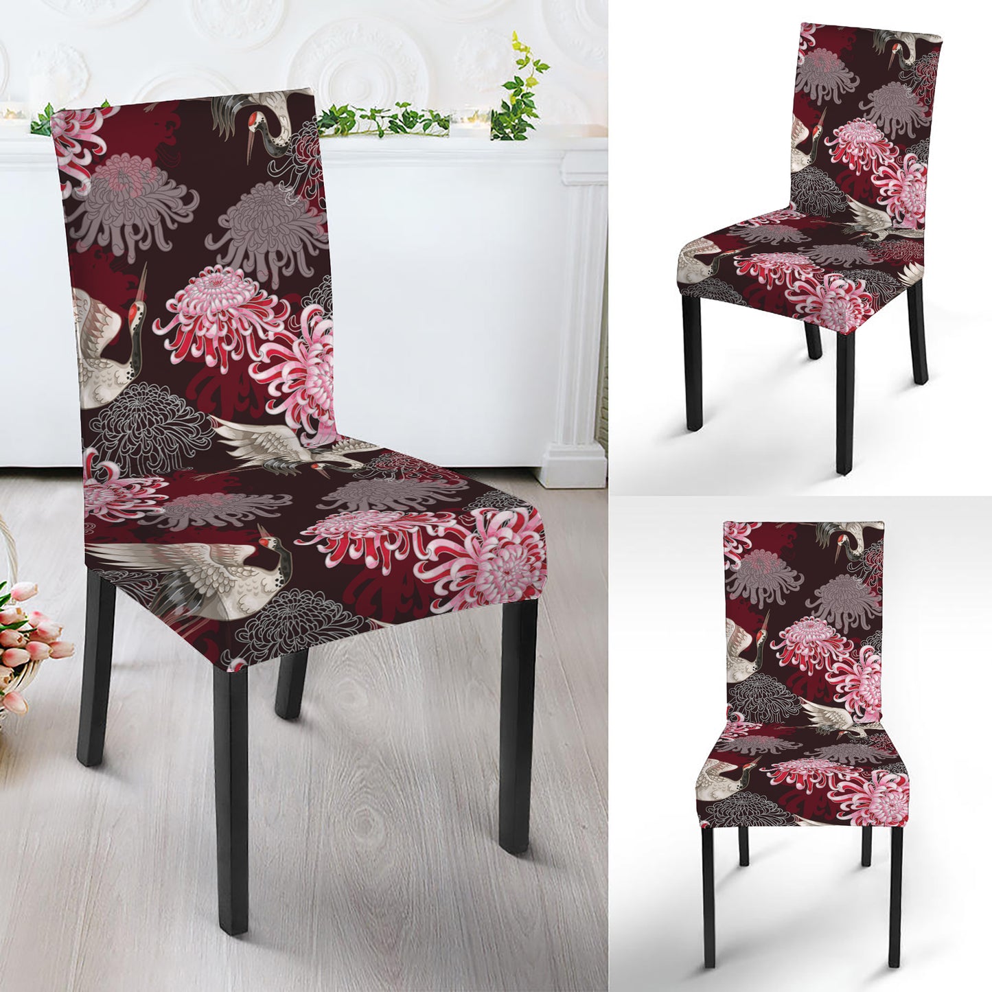 Japanese Cranes And Chrysanthemums Print Dining Chair Slipcover