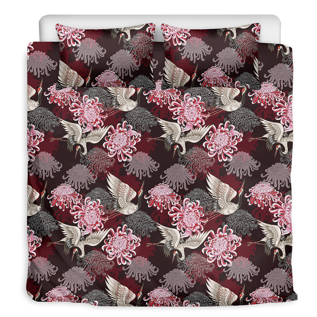 Japanese Cranes And Chrysanthemums Print Duvet Cover Bedding Set
