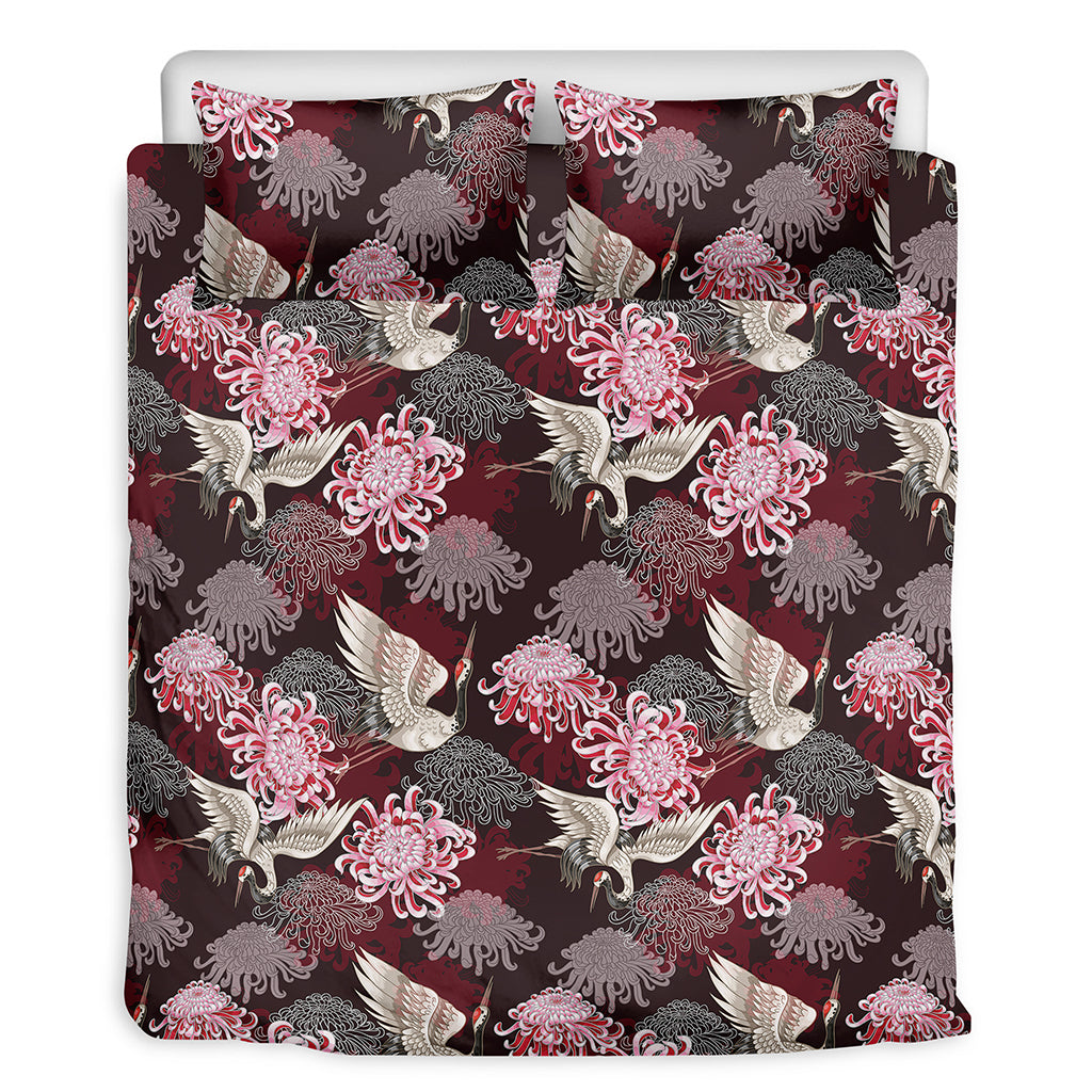 Japanese Cranes And Chrysanthemums Print Duvet Cover Bedding Set