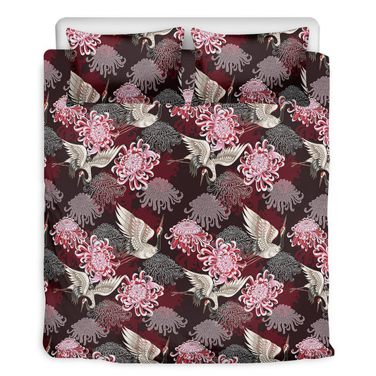 Japanese Cranes And Chrysanthemums Print Duvet Cover Bedding Set