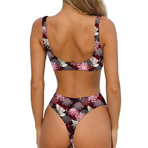 Japanese Cranes And Chrysanthemums Print Front Bow Tie Bikini