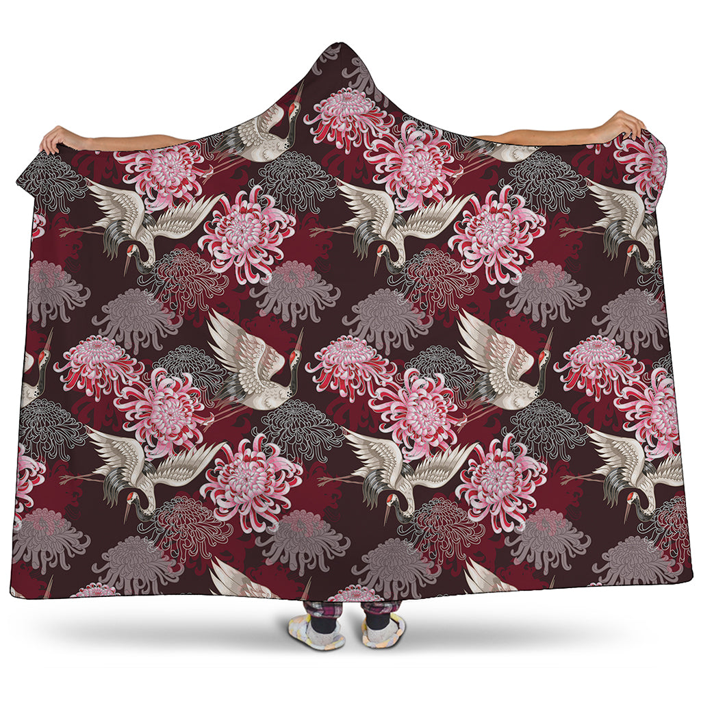 Japanese Cranes And Chrysanthemums Print Hooded Blanket