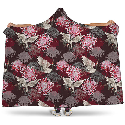 Japanese Cranes And Chrysanthemums Print Hooded Blanket