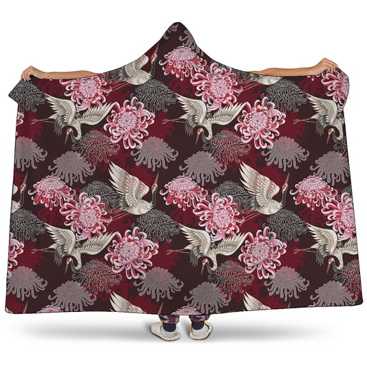 Japanese Cranes And Chrysanthemums Print Hooded Blanket