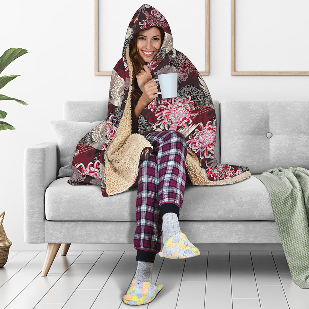 Japanese Cranes And Chrysanthemums Print Hooded Blanket