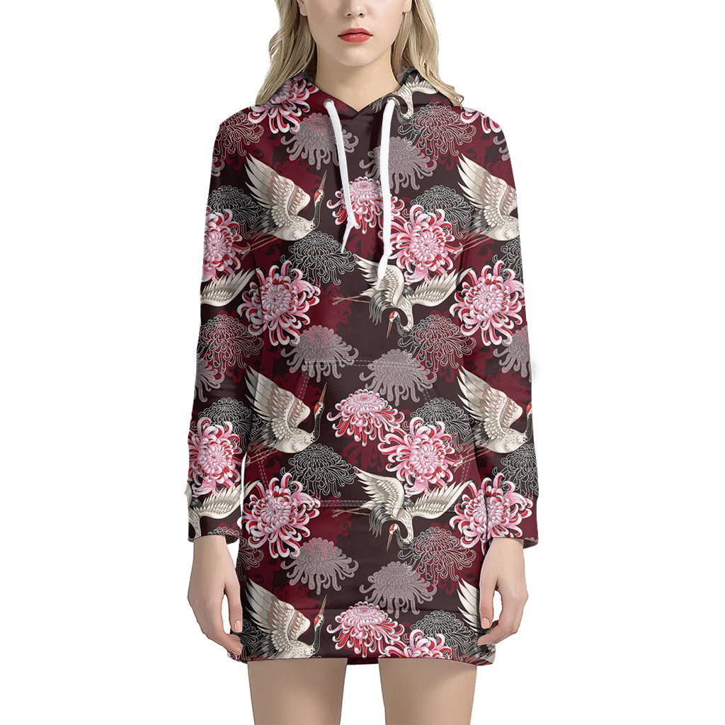 Japanese Cranes And Chrysanthemums Print Hoodie Dress