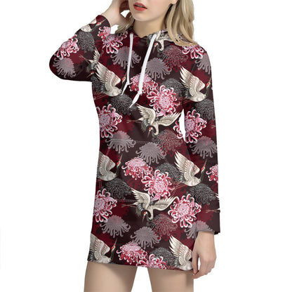 Japanese Cranes And Chrysanthemums Print Hoodie Dress
