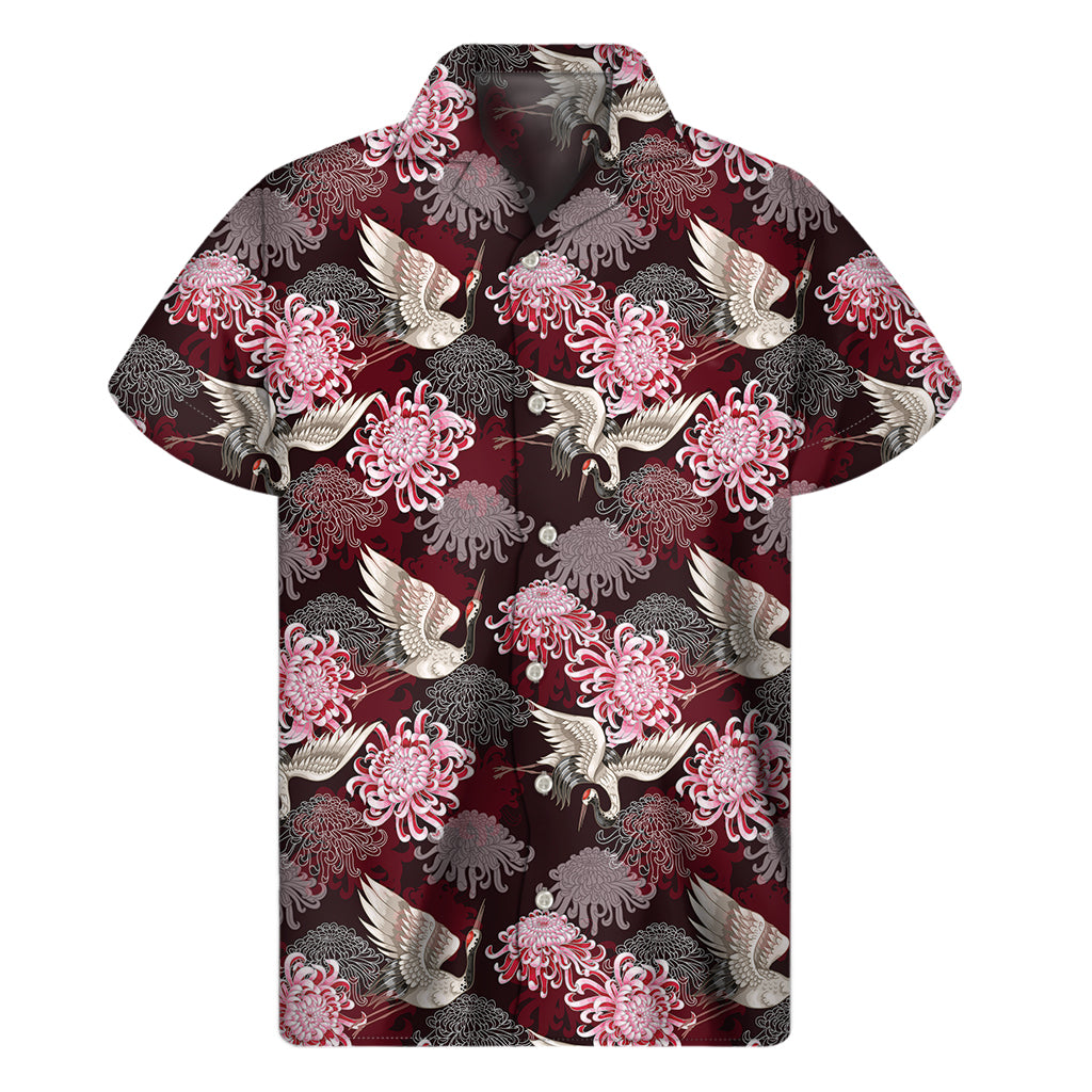 Japanese Cranes And Chrysanthemums Print Men's Short Sleeve Shirt