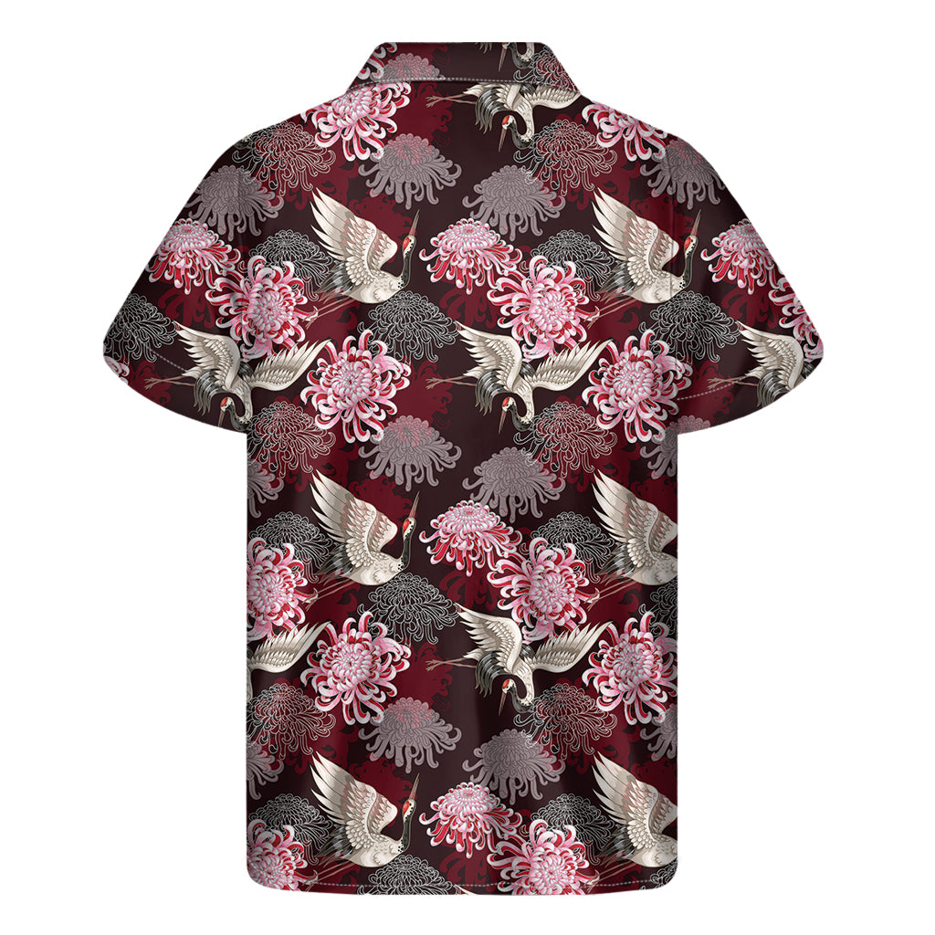 Japanese Cranes And Chrysanthemums Print Men's Short Sleeve Shirt