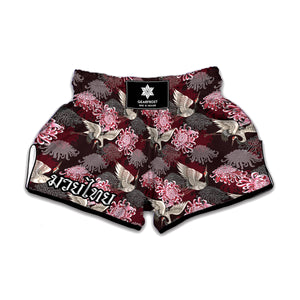 Japanese Cranes And Chrysanthemums Print Muay Thai Boxing Shorts