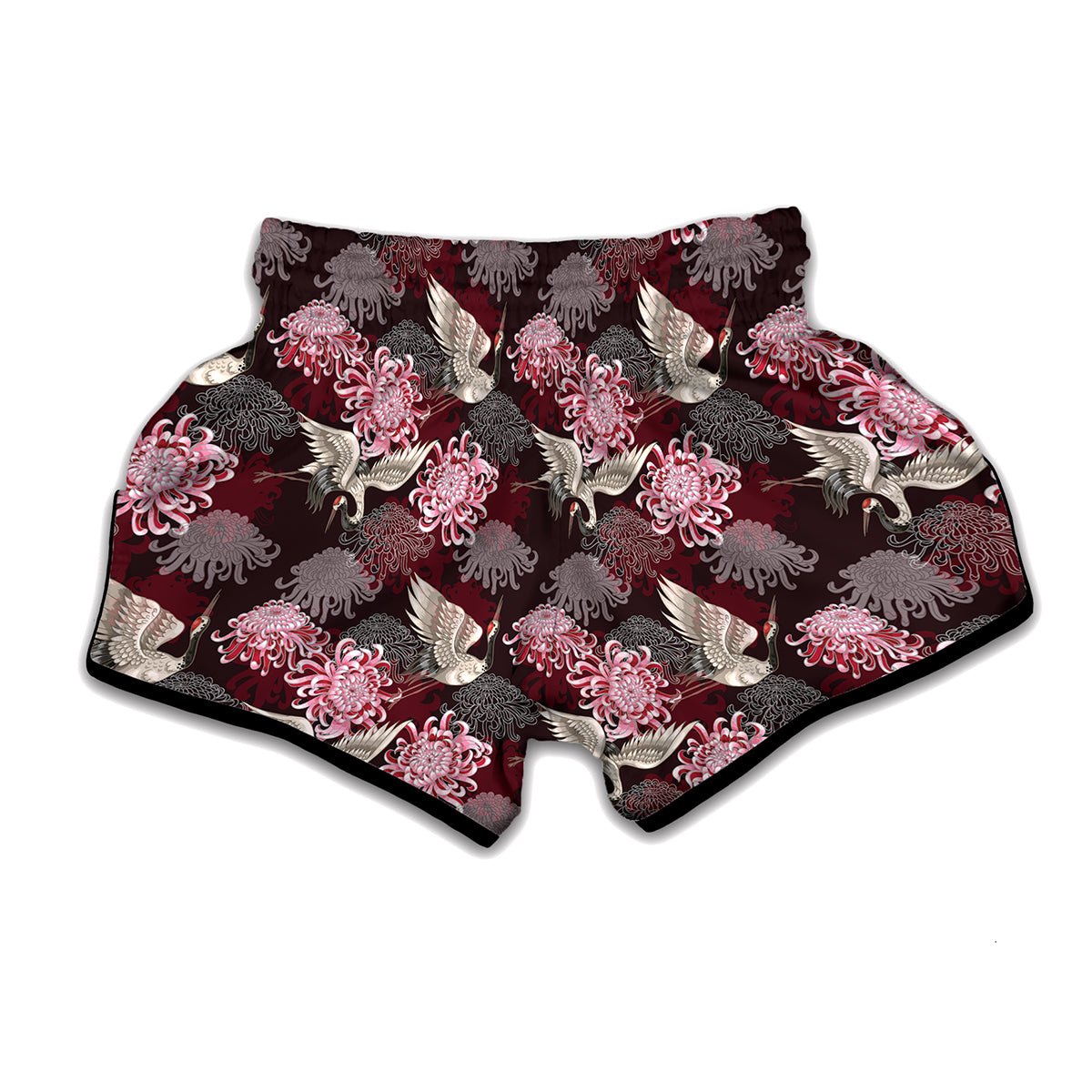 Japanese Cranes And Chrysanthemums Print Muay Thai Boxing Shorts