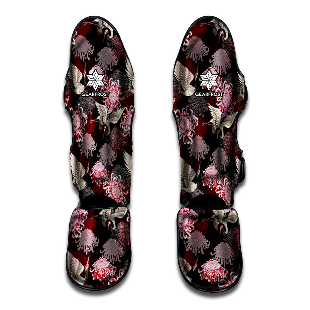 Japanese Cranes And Chrysanthemums Print Muay Thai Shin Guard