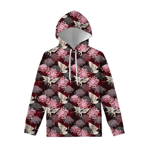 Japanese Cranes And Chrysanthemums Print Pullover Hoodie