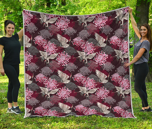 Japanese Cranes And Chrysanthemums Print Quilt