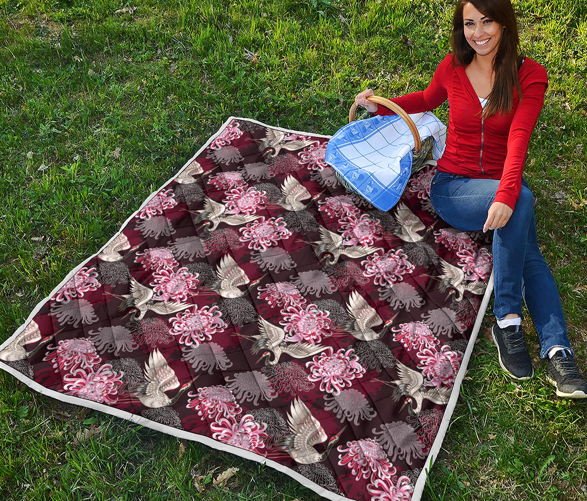 Japanese Cranes And Chrysanthemums Print Quilt