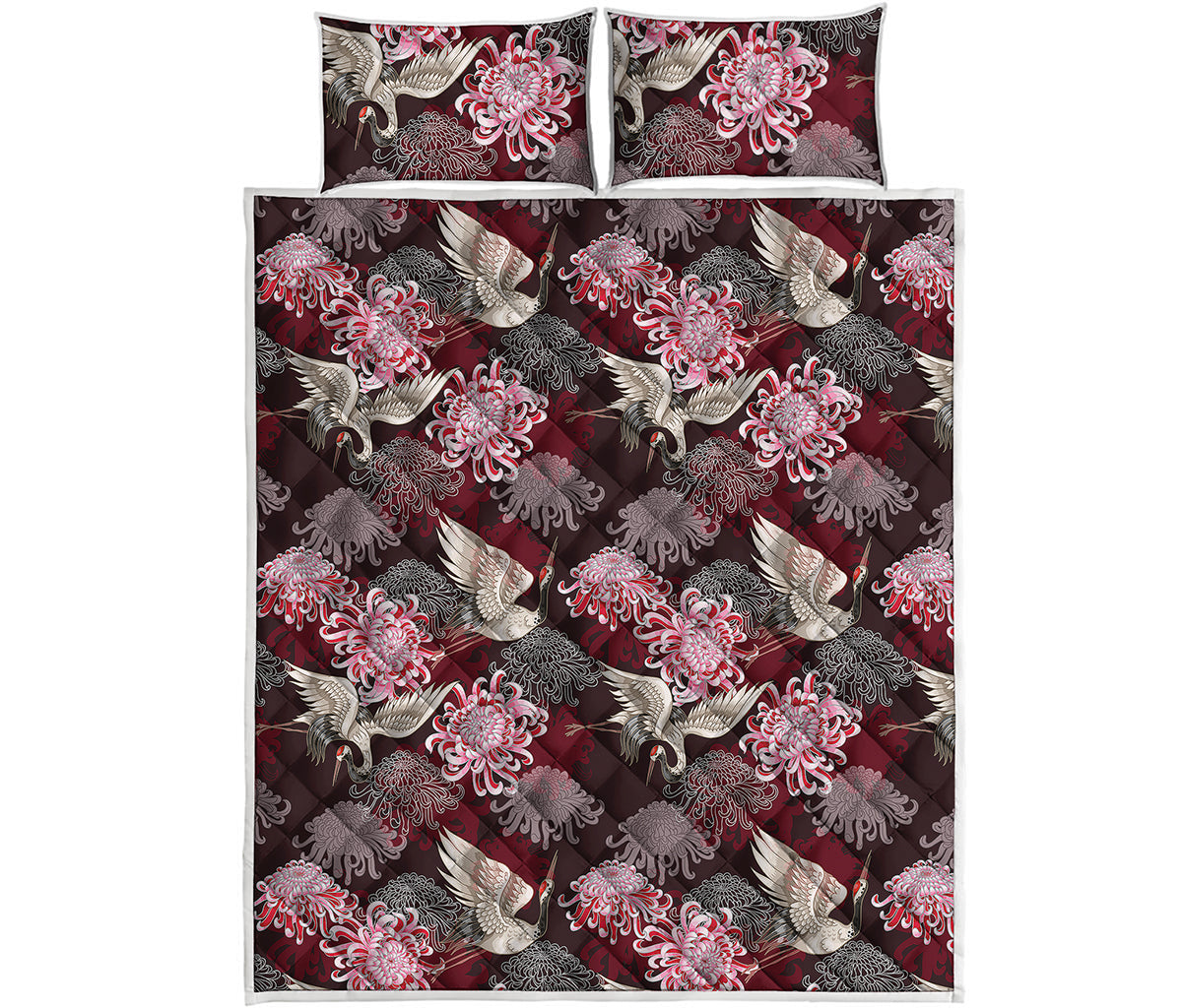 Japanese Cranes And Chrysanthemums Print Quilt Bed Set