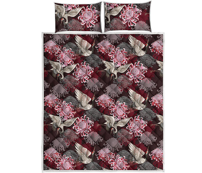 Japanese Cranes And Chrysanthemums Print Quilt Bed Set
