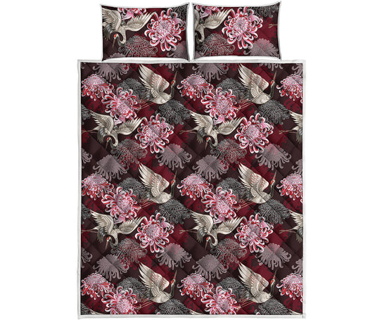Japanese Cranes And Chrysanthemums Print Quilt Bed Set