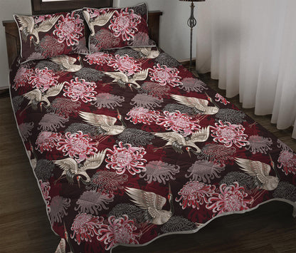 Japanese Cranes And Chrysanthemums Print Quilt Bed Set