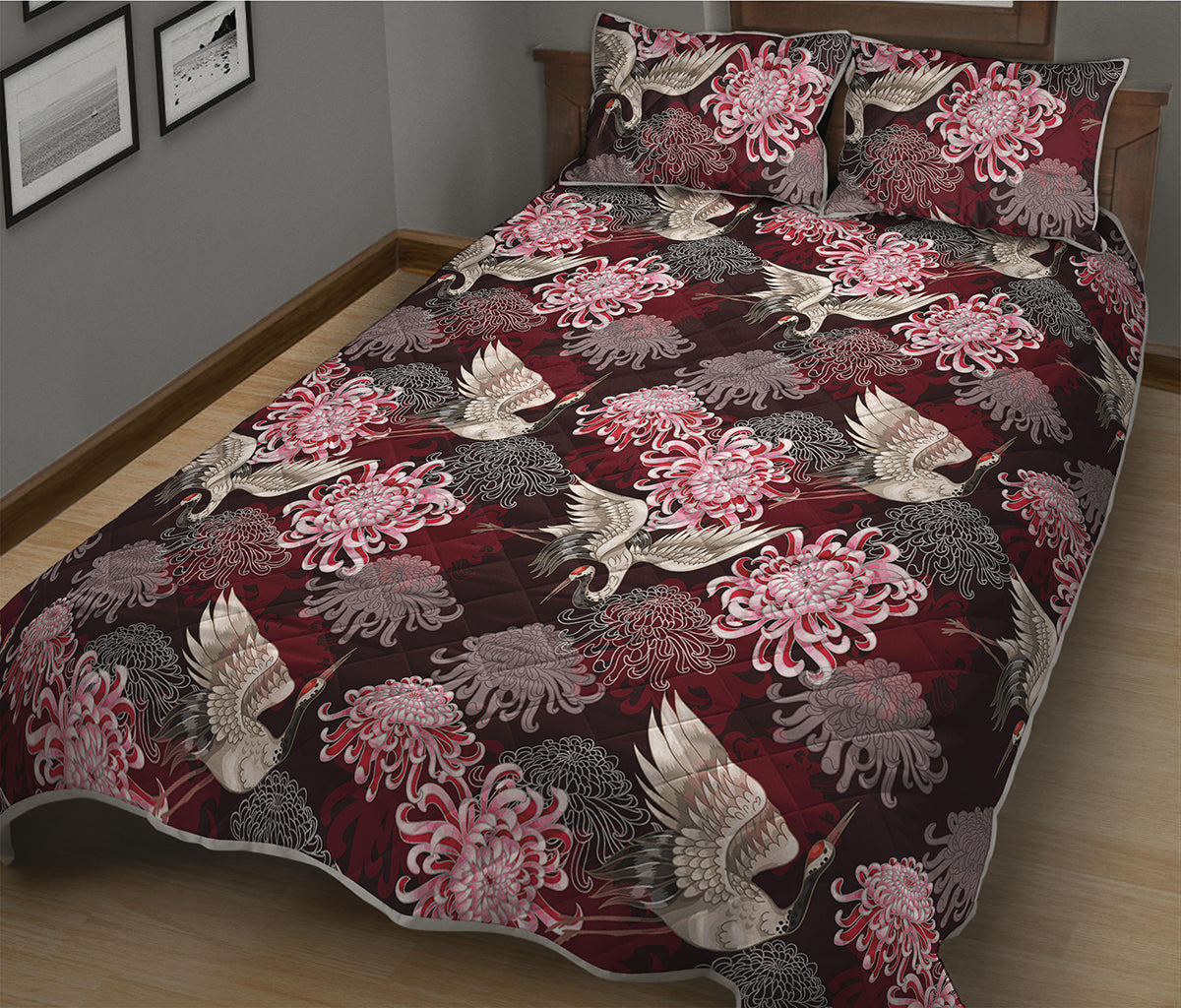 Japanese Cranes And Chrysanthemums Print Quilt Bed Set