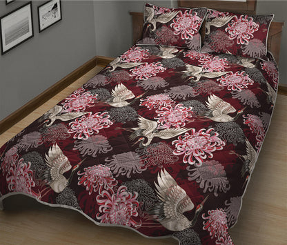 Japanese Cranes And Chrysanthemums Print Quilt Bed Set