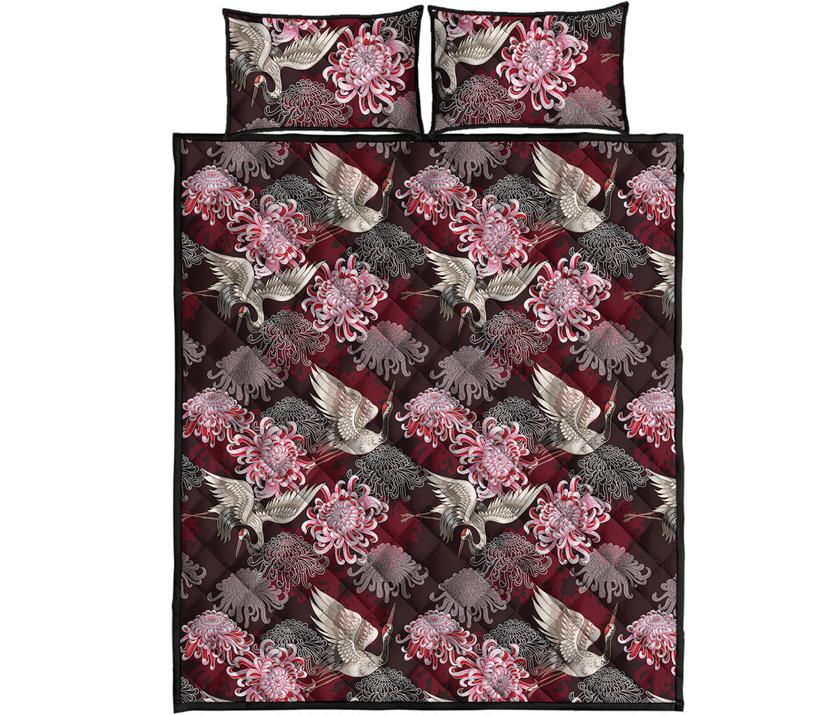 Japanese Cranes And Chrysanthemums Print Quilt Bed Set
