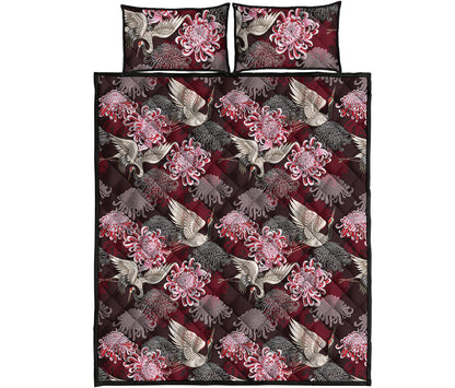 Japanese Cranes And Chrysanthemums Print Quilt Bed Set