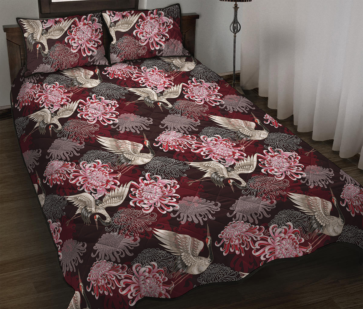 Japanese Cranes And Chrysanthemums Print Quilt Bed Set