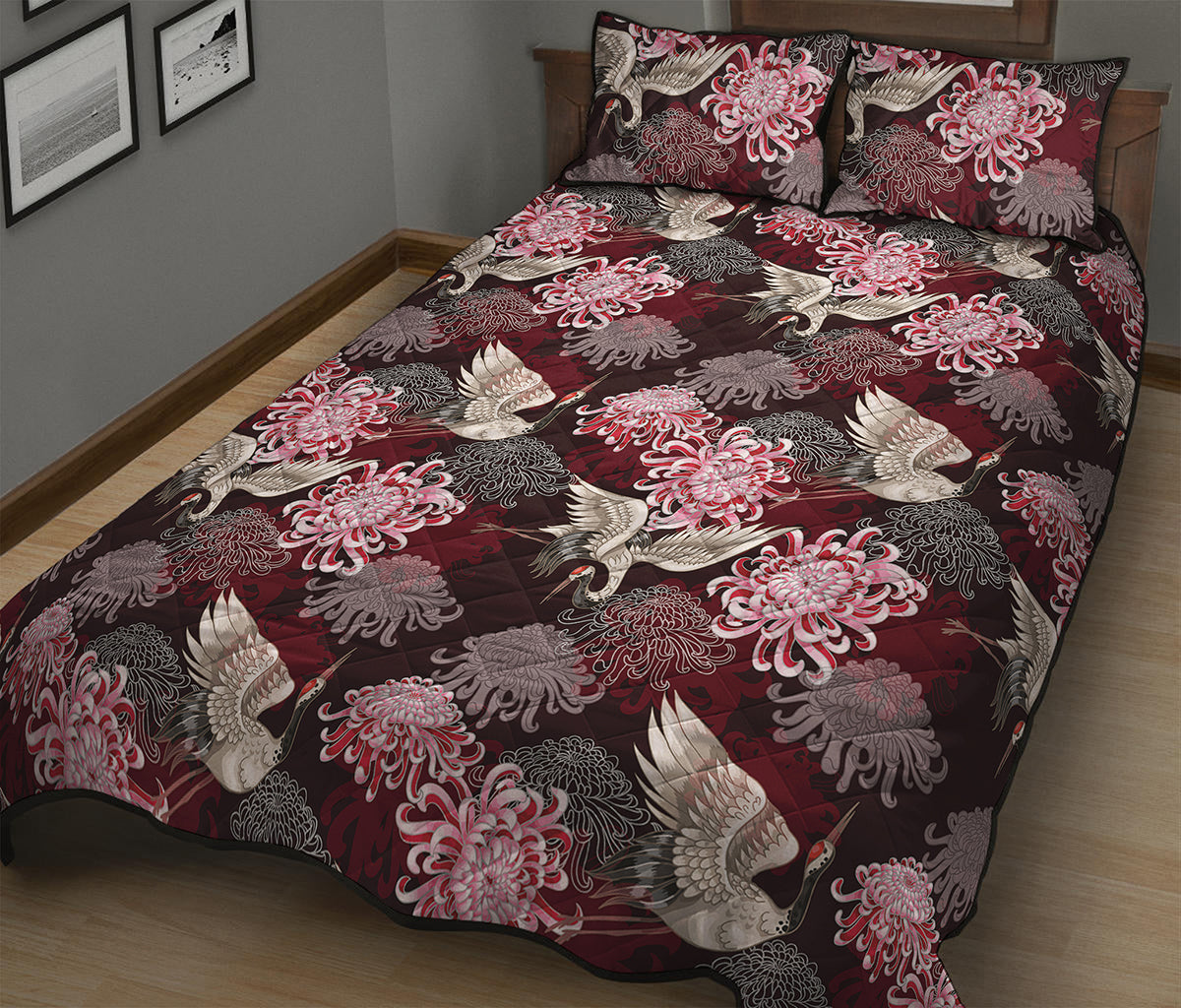Japanese Cranes And Chrysanthemums Print Quilt Bed Set