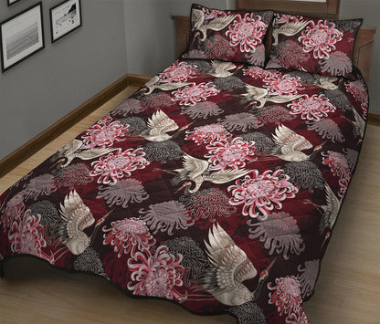 Japanese Cranes And Chrysanthemums Print Quilt Bed Set