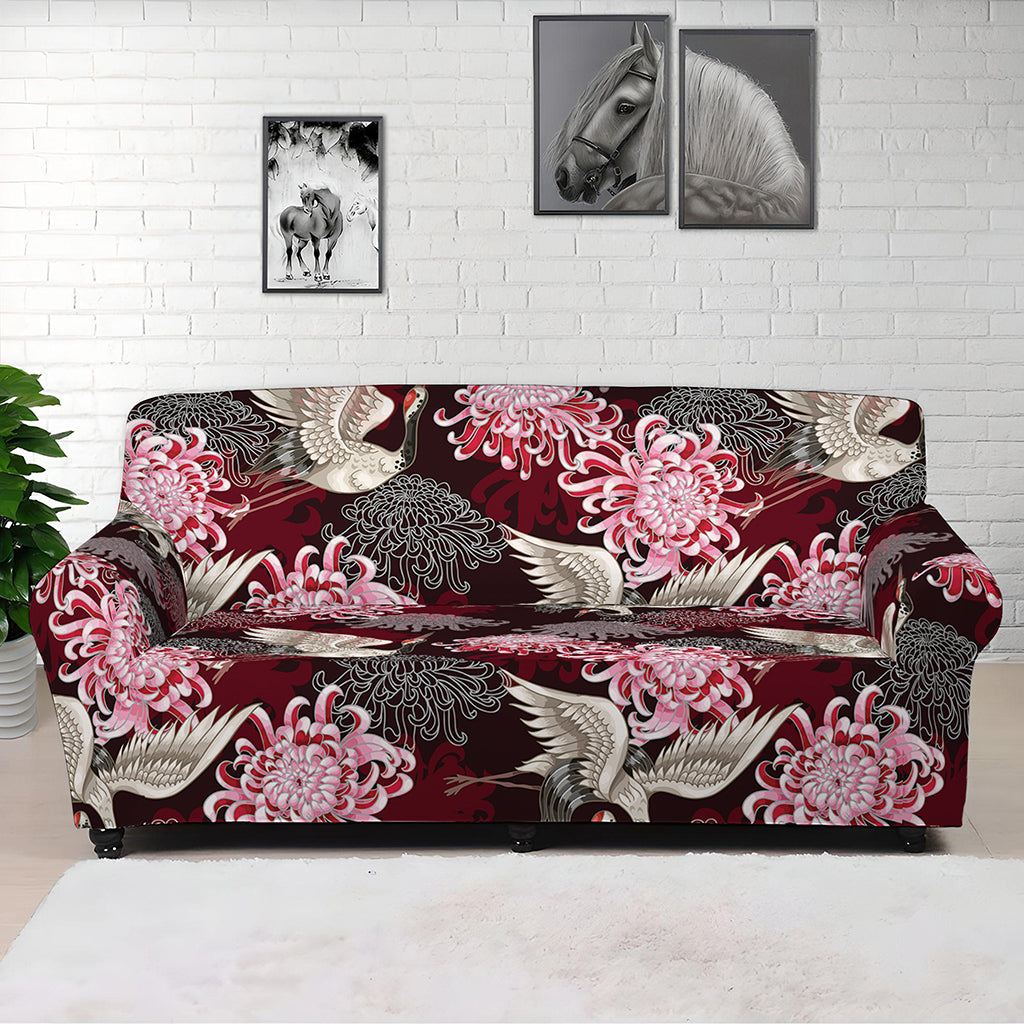 Japanese Cranes And Chrysanthemums Print Sofa Cover