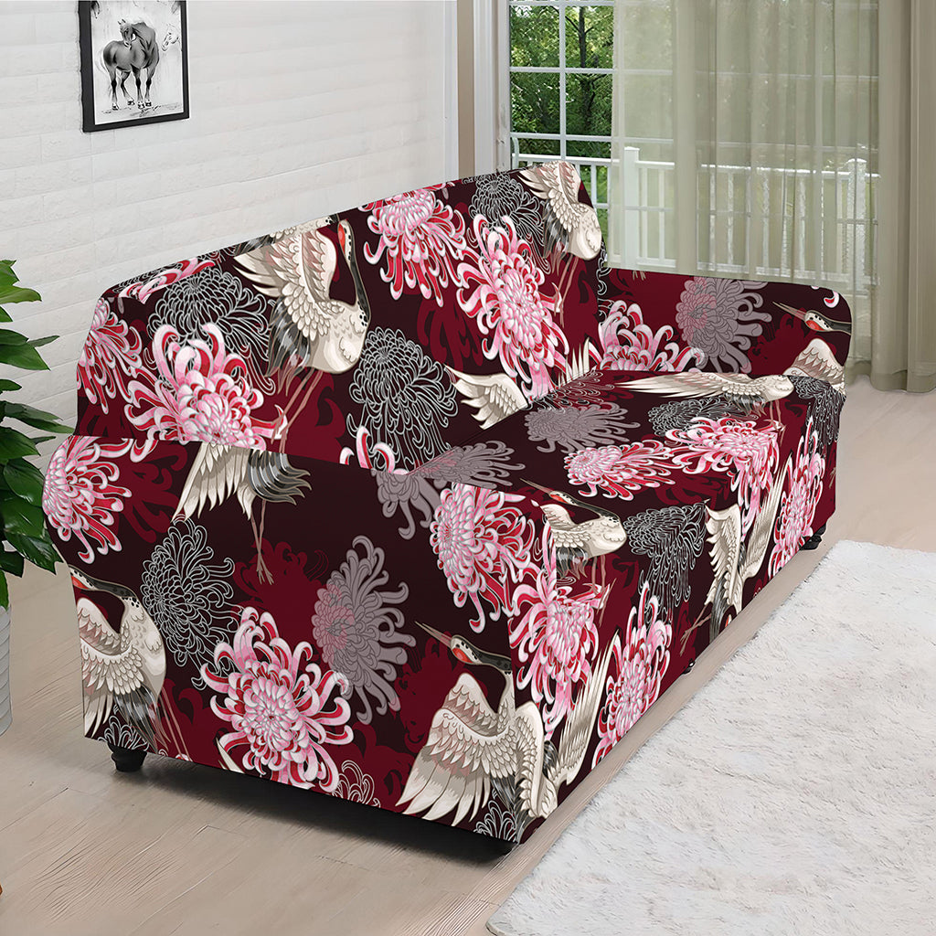 Japanese Cranes And Chrysanthemums Print Sofa Cover