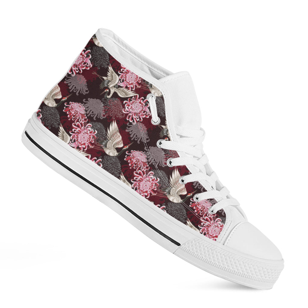 Japanese Cranes And Chrysanthemums Print White High Top Shoes