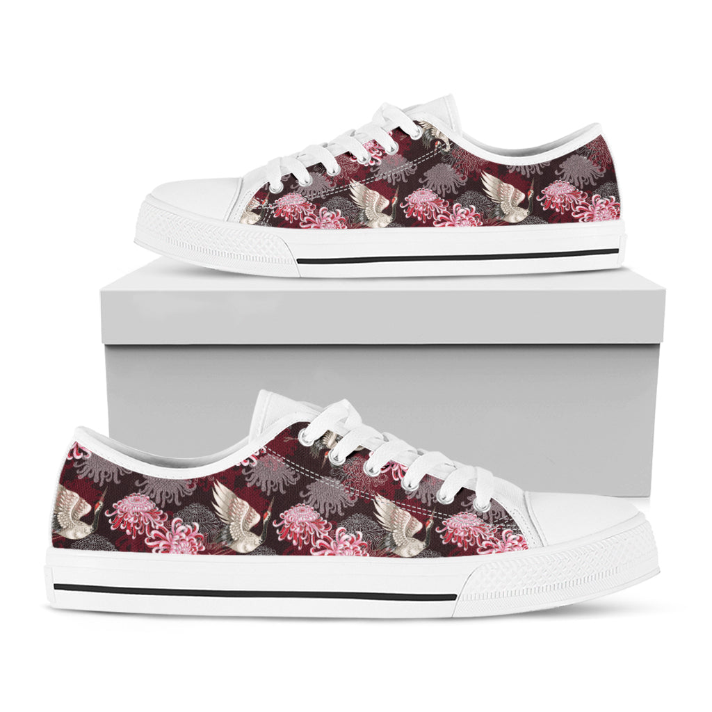 Japanese Cranes And Chrysanthemums Print White Low Top Shoes