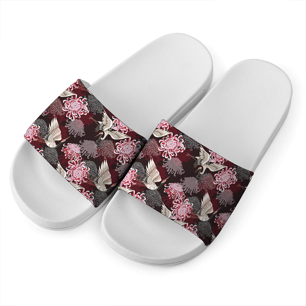 Japanese Cranes And Chrysanthemums Print White Slide Sandals