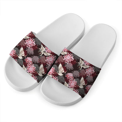 Japanese Cranes And Chrysanthemums Print White Slide Sandals
