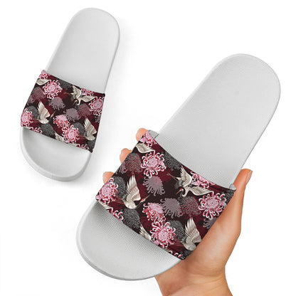 Japanese Cranes And Chrysanthemums Print White Slide Sandals