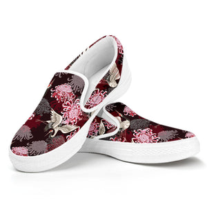 Japanese Cranes And Chrysanthemums Print White Slip On Shoes