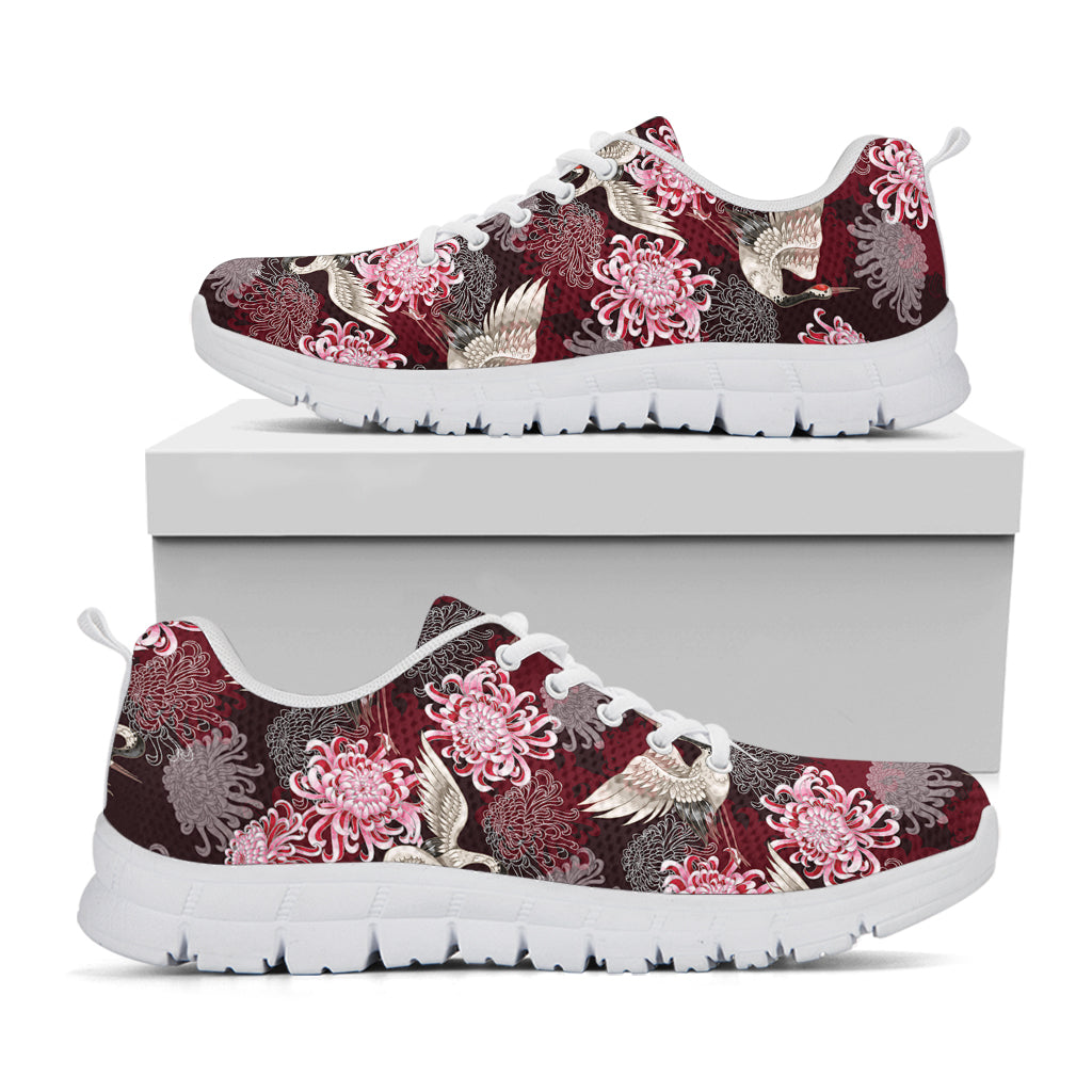 Japanese Cranes And Chrysanthemums Print White Sneakers