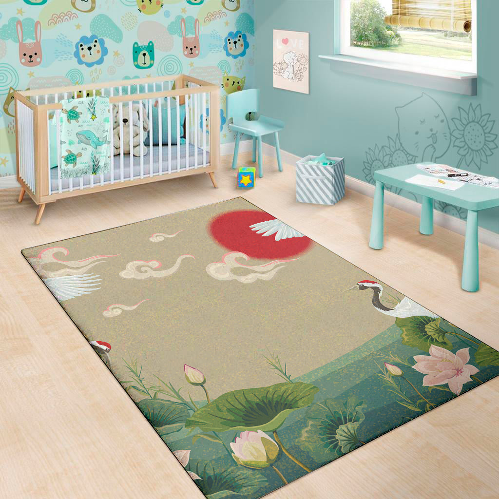 Japanese Cranes At Sunset Print Area Rug