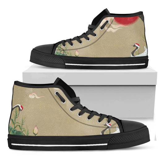 Japanese Cranes At Sunset Print Black High Top Shoes