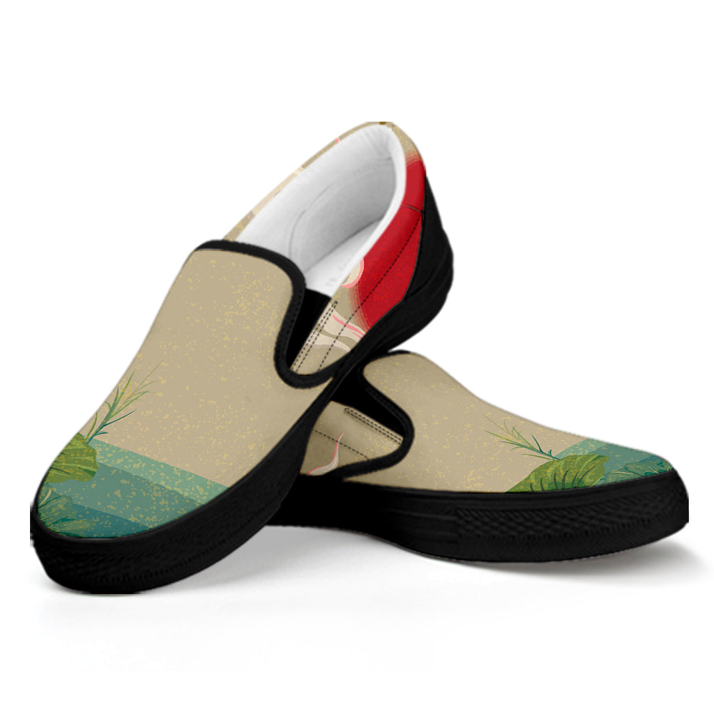 Japanese Cranes At Sunset Print Black Slip On Shoes