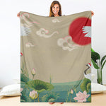 Japanese Cranes At Sunset Print Blanket