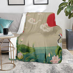 Japanese Cranes At Sunset Print Blanket