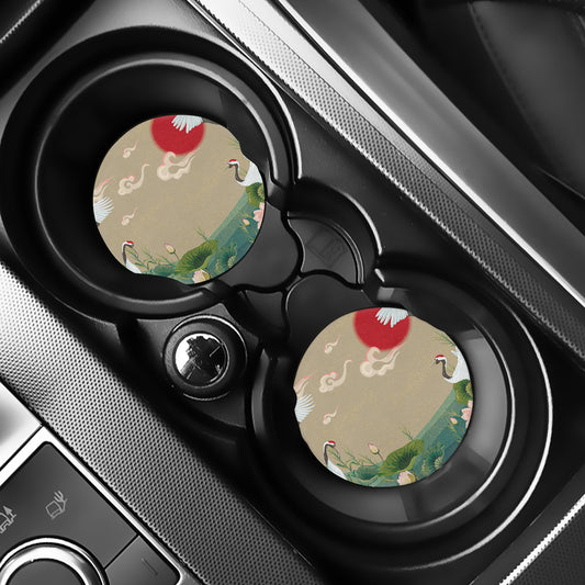 Japanese Cranes At Sunset Print Car Coasters